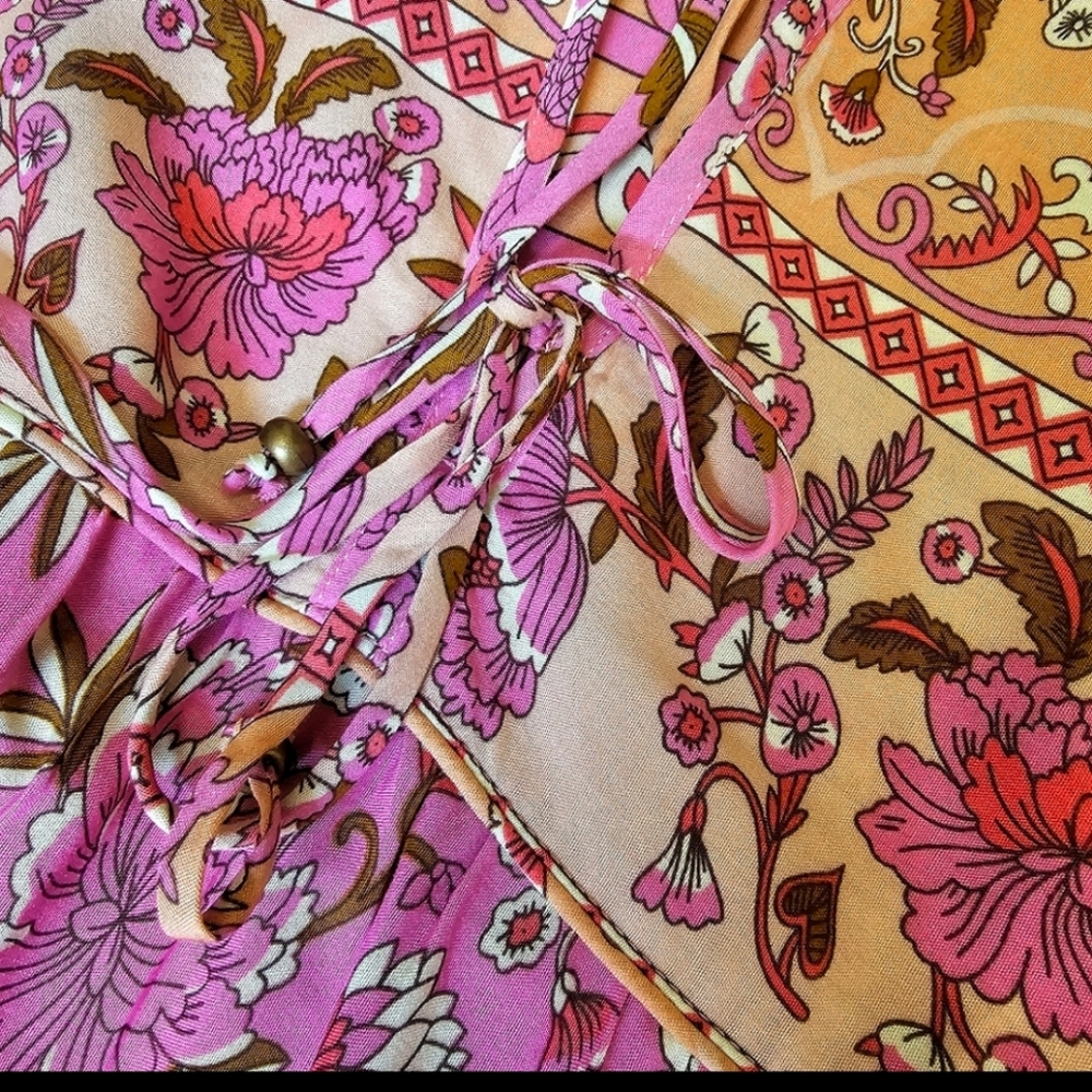 New Boho Cottage Floral Maxi Smock Dress Pink Yellow Tan White Green - Picture 8 of 8
